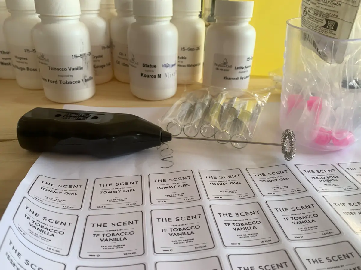 THE SCENT perfume-making supplies with Tommy Girl and TF Tobacco Vanilla labels